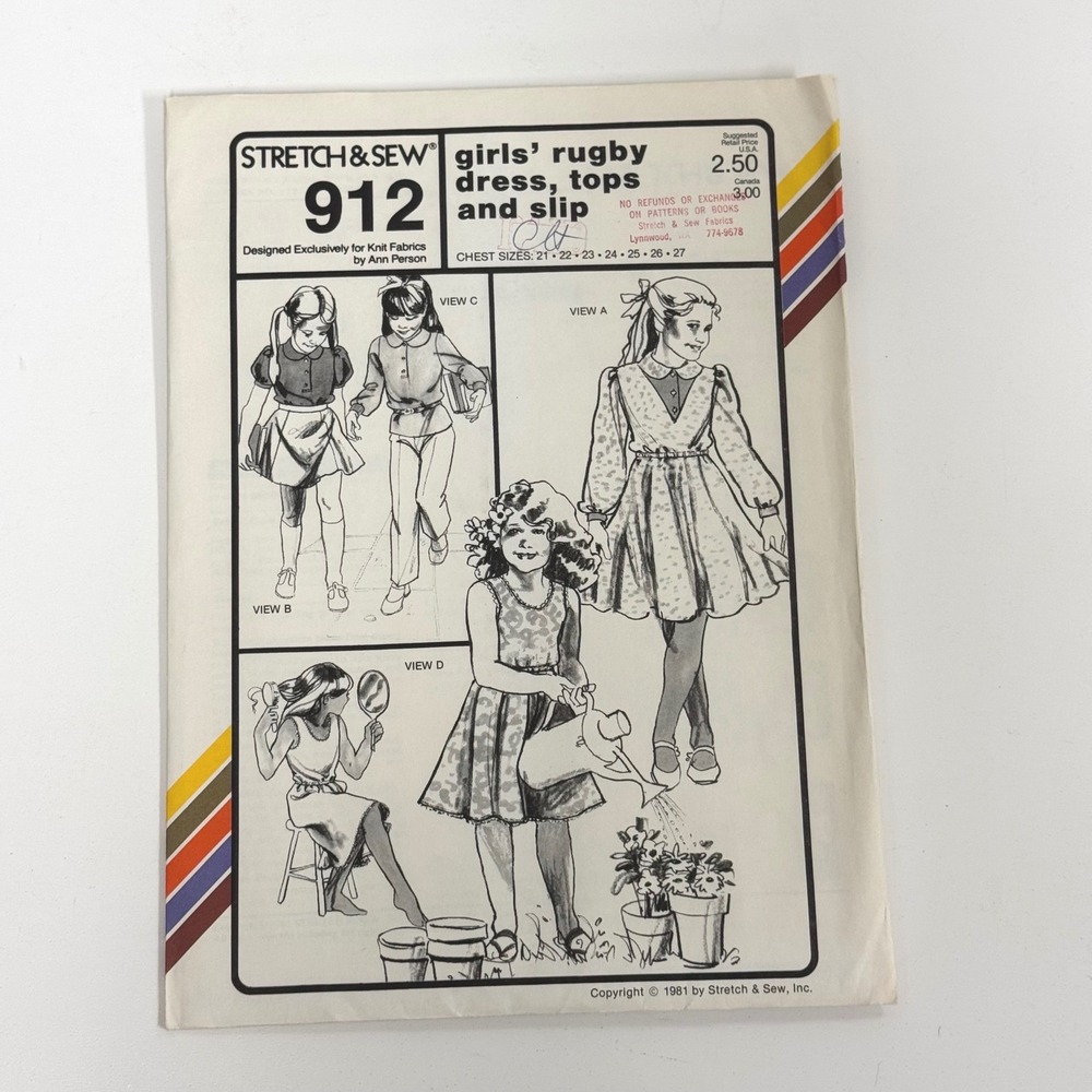 Vtg 1981 Stretch & Sew #912 Girls Rugby Dress Tops Slip Pattern Size 21-27 UNCUT